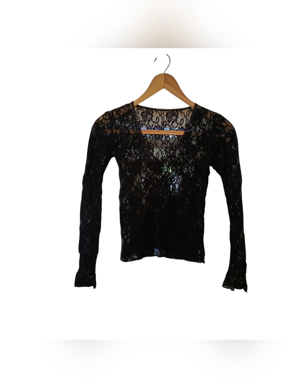 Vintage 90s Black Lace Long Sleeve Stretch Top - Size M - Goth Whimsigoth